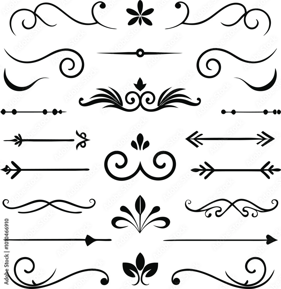 This set of twenty Rome-style calligraphic design elements includes ornate dividers and headpieces, perfect for adding elegance to page decor, invitations, or vintage-themed projects.