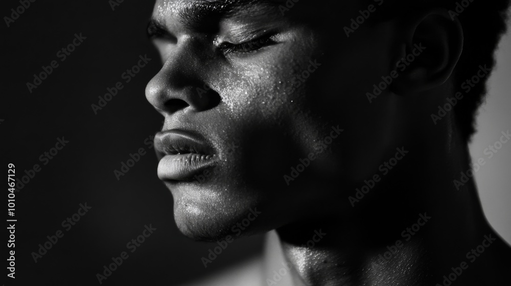 Close-up Black and White Portrait of a Man's Face with Sweat Close-up Black and White Portrait of a Man's Face with Sweat