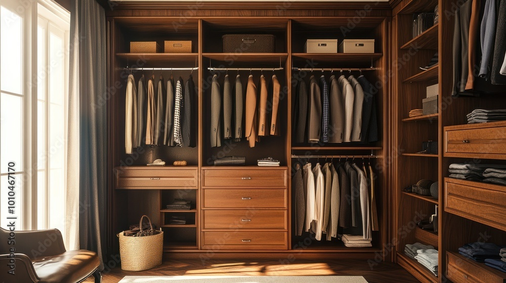 A well-organized walk-in closet with wooden shelves and drawers, filled with clothing and accessories. A well-organized walk-in closet with wooden shelves and drawers, filled with clothing and accessories.