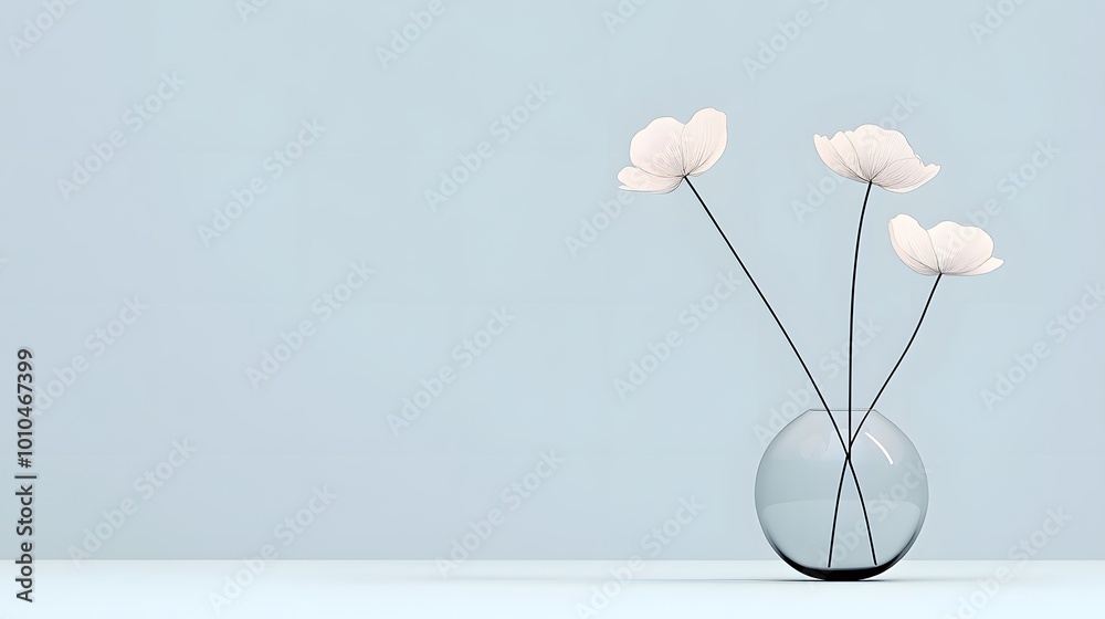Elegant white flowers in a minimalist glass vase on a soft blue background. Elegant white flowers in a minimalist glass vase on a soft blue background.