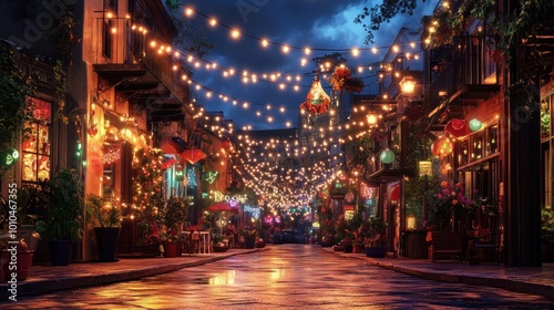 A vibrant street scene illuminated by string lights, showcasing festive decorations and a lively atmosphere at dusk.