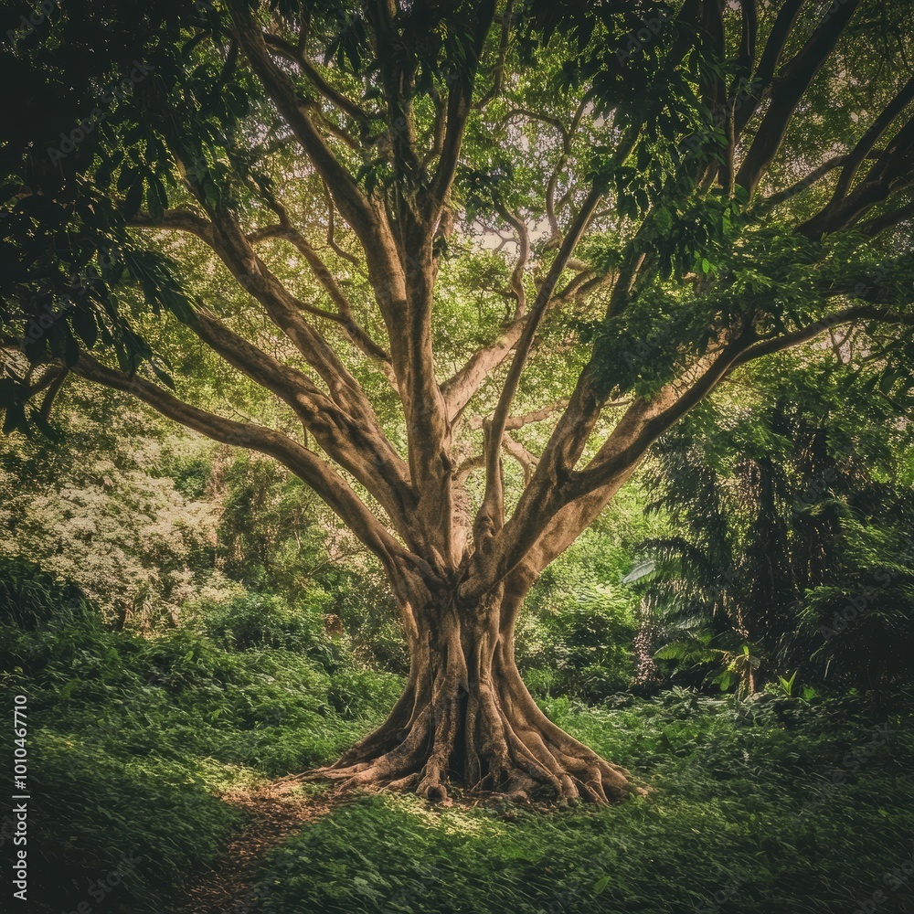 Majestic Tree with Lush Green Foliage and Exposed Roots