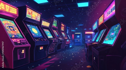 A Retro Arcade Filled with Colorful Neon Lights and Pixelated Screens