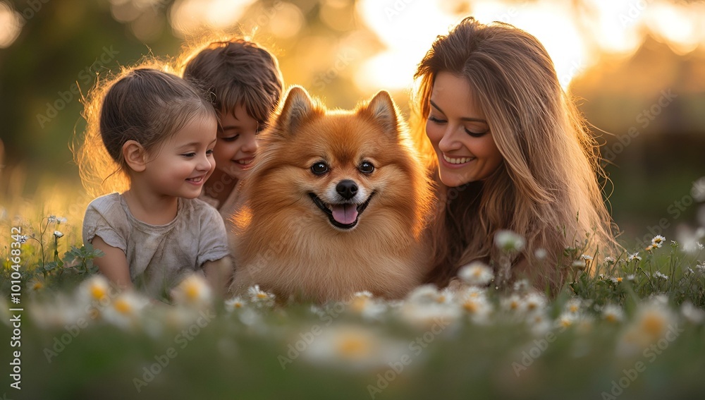 a person and kids with a dog
a person and kids with a dog