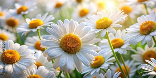 Extreme close-up of daisy flowers background with white camomile petals texture