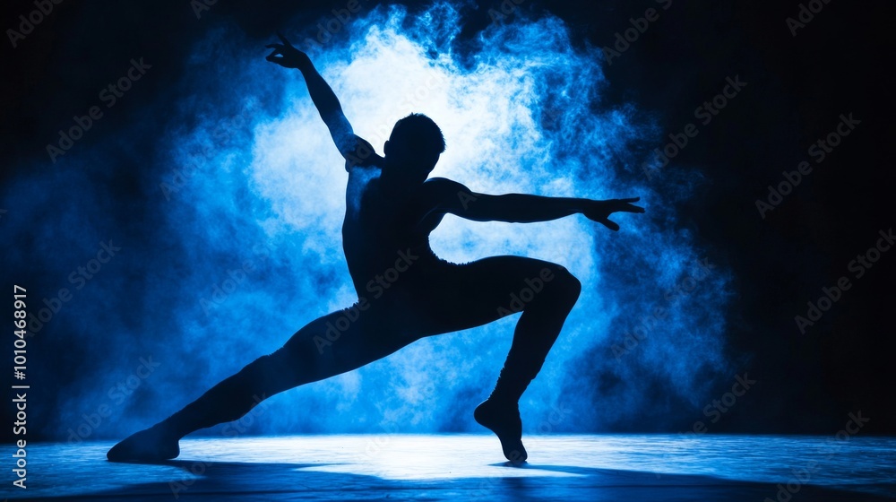 Silhouette of a Male Dancer in a Blue Smoke-Filled Studio Silhouette of a Male Dancer in a Blue Smoke-Filled Studio