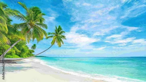 Tropical Beach with Swaying Palm Trees by the Ocean