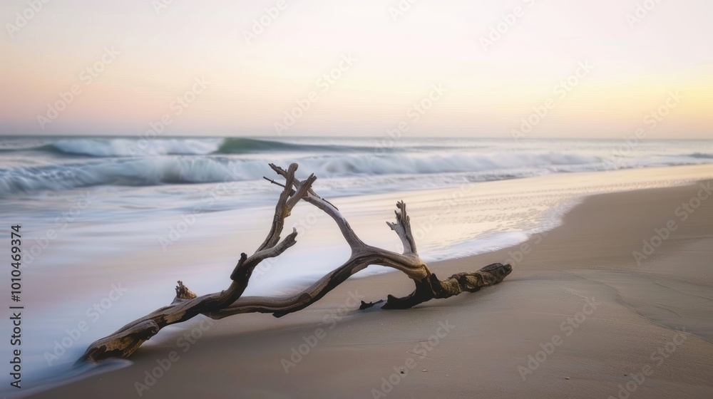 Twisted Driftwood Branch on Sandy Beach at Sunset Twisted Driftwood Branch on Sandy Beach at Sunset