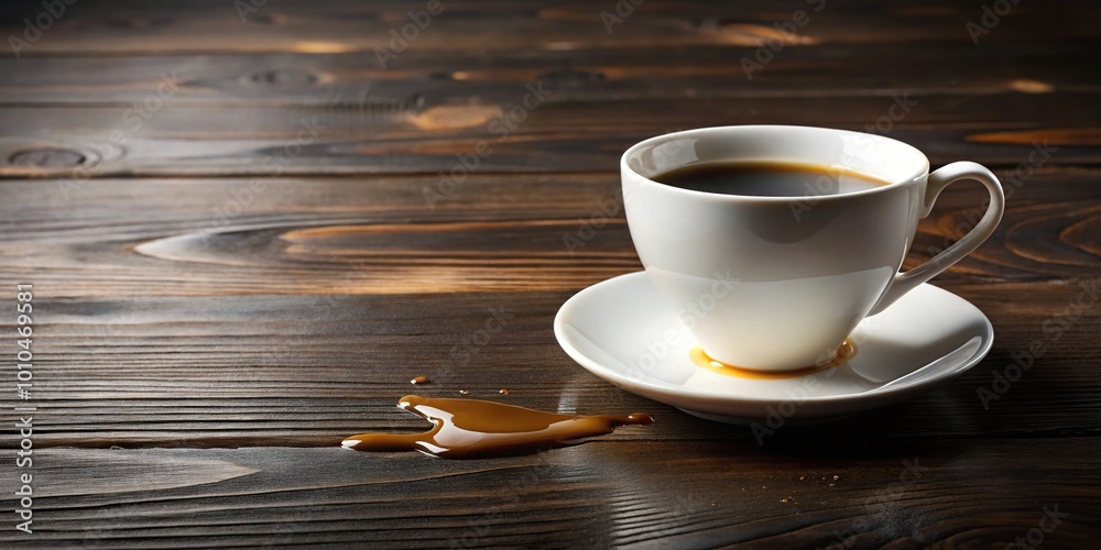Extreme close-up of elegant white ceramic cup with black coffee and spill on dark wooden table Extreme close-up of elegant white ceramic cup with black coffee and spill on dark wooden table