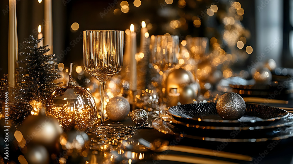 Sparkling Holiday Table Setting with Gold Ornaments and Candles Sparkling Holiday Table Setting with Gold Ornaments and Candles