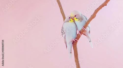 Two Adorable Budgies Cuddling on a Branch photo