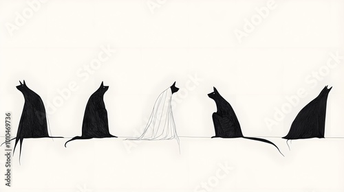Artistic illustration of five black cats in various poses, with one adorned in a white veil.