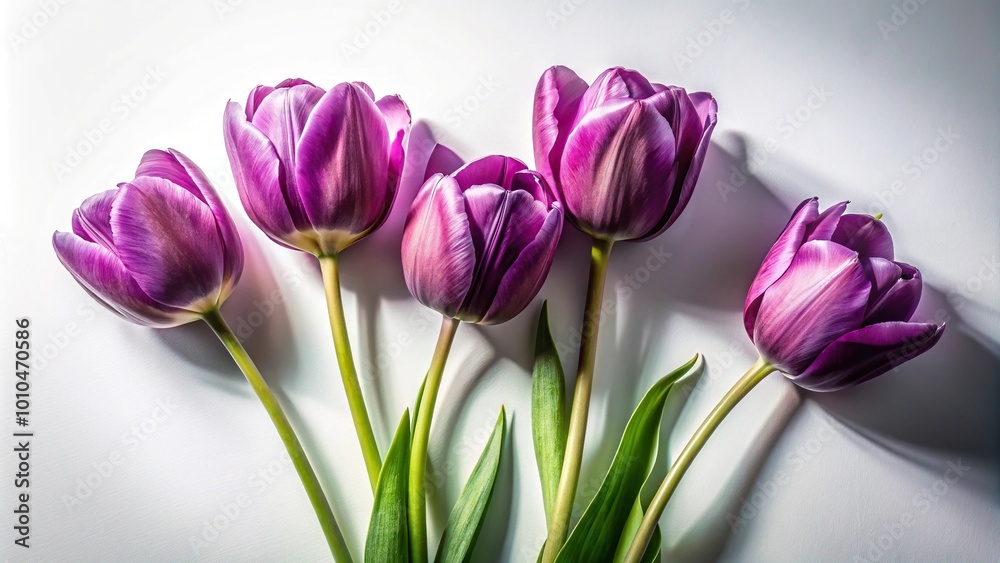 Extreme close-up of five tulips in purple shades on white background Extreme close-up of five tulips in purple shades on white background