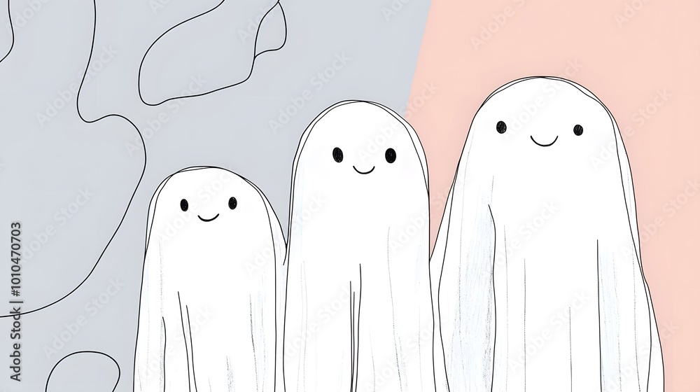 Three cheerful cartoon ghosts with smiles on a colorful background. Three cheerful cartoon ghosts with smiles on a colorful background.