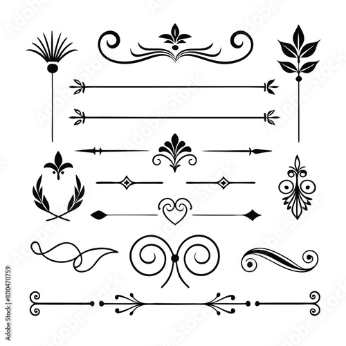 This set of twenty Rome-style calligraphic design elements includes ornate dividers and headpieces, perfect for adding elegance to page decor, invitations, or vintage-themed projects.