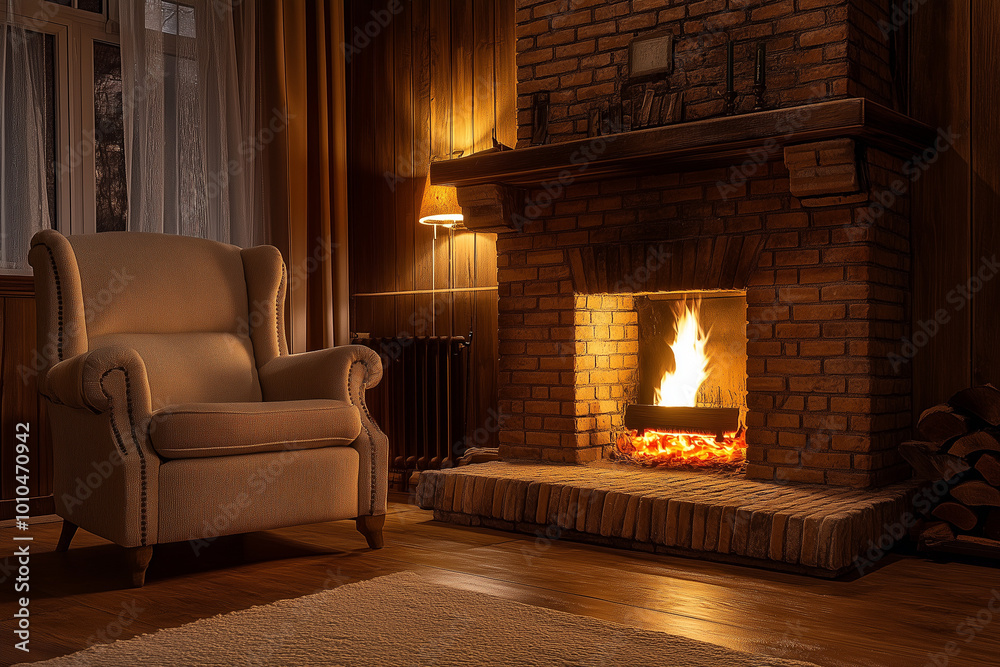Warm and cozy living room with beige armchair by the brick fireplace, glowing in the soft light of a lamp, creating a rustic and inviting atmosphere Warm and cozy living room with beige armchair by the brick fireplace, glowing in the soft light of a lamp, creating a rustic and inviting atmosphere