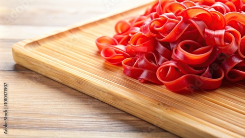 Extreme close-up of gelatinous pasta on red pinewood board