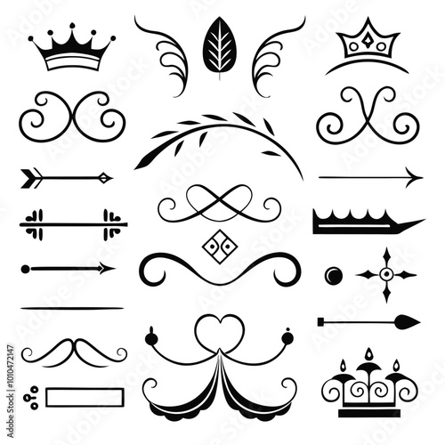 This set of twenty Rome-style calligraphic design elements includes ornate dividers and headpieces, perfect for adding elegance to page decor, invitations, or vintage-themed projects.