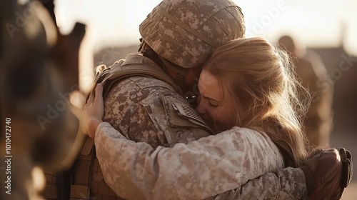 Emotional reunion between soldier and partner, warm embrace at sunset.