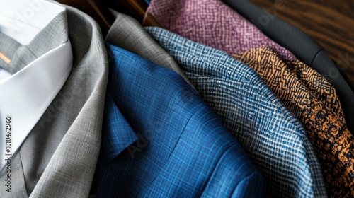 A Close-Up of Various Textured Suit Jackets Hanging on a Hanger