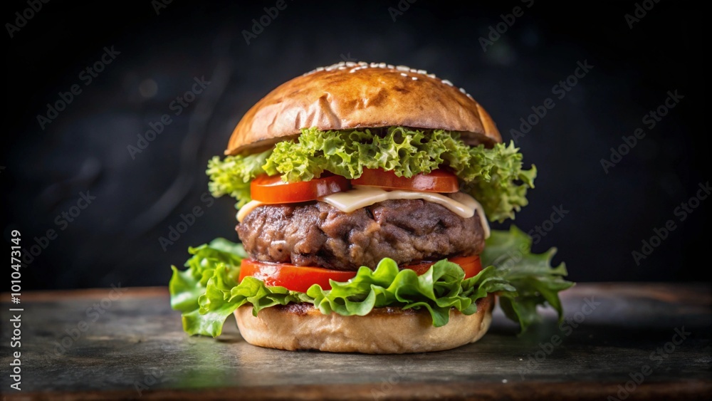 A juicy cheeseburger with lettuce, tomato, and a sesame seed bun on a rustic wooden surface. A juicy cheeseburger with lettuce, tomato, and a sesame seed bun on a rustic wooden surface.