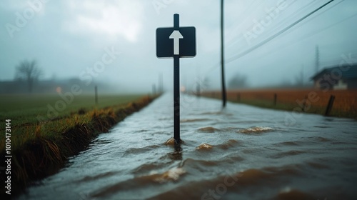 Flooded road sign amidst rising water, hints of a stormy sky. photo