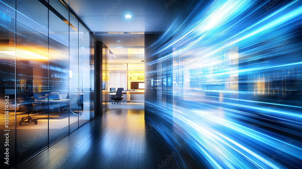 Modern Office Hallway with Futuristic Blue Lights Modern Office Hallway with Futuristic Blue Lights