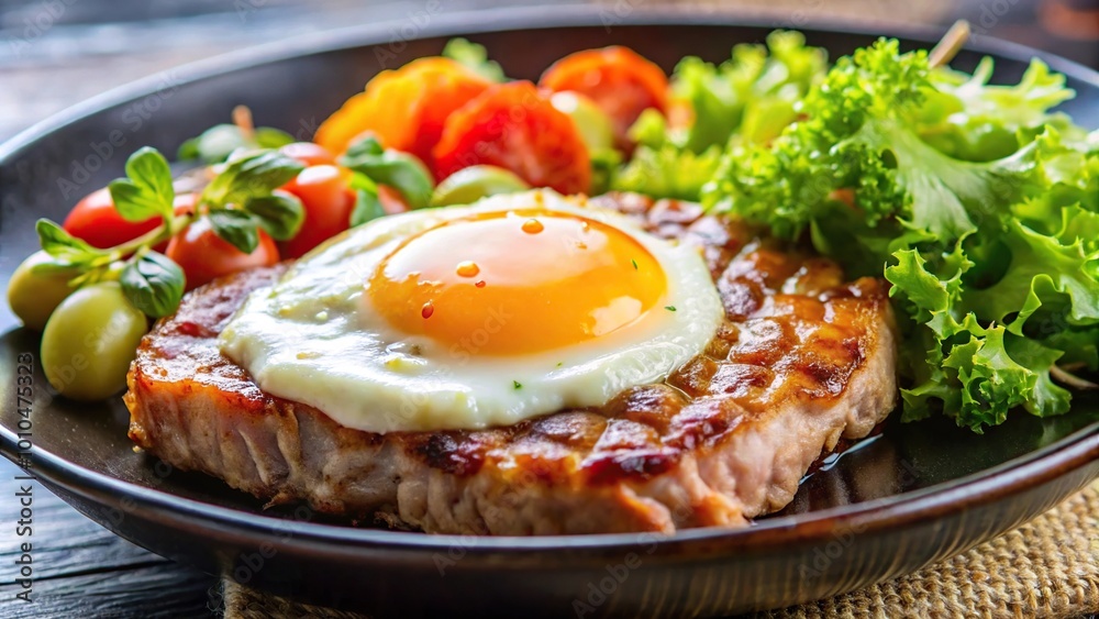 Extreme close-up of Japanese pork chop steak with fried egg and salad Extreme close-up of Japanese pork chop steak with fried egg and salad