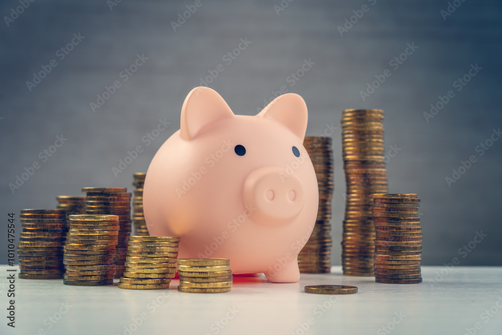 Φωτογραφία Growing stacks of euro coins stand next to pink piggy bank