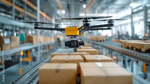 AI-controlled drones hovering above production lines, scanning food with advanced sensors, ensuring safety and quality in a futuristic food factory