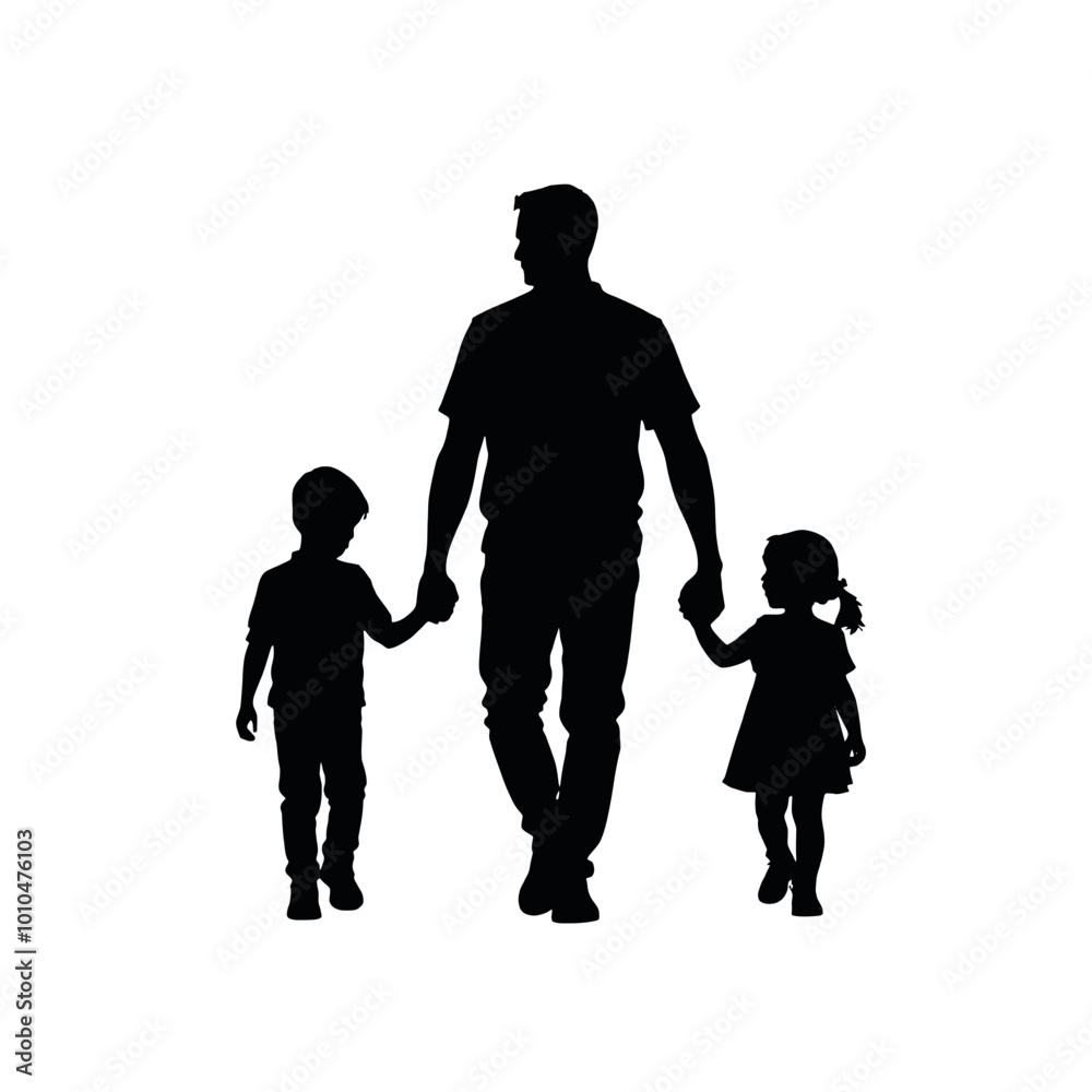 a black silhouette of a father and two children walking together. The father is in the center of the image, holding hands with one child on either side of him a black silhouette of a father and two children walking together. The father is in the center of the image, holding hands with one child on either side of him