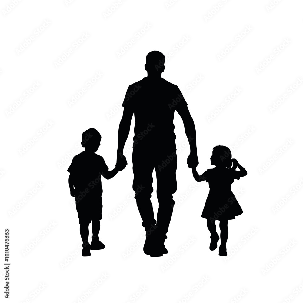 a black silhouette of a father and two children walking together. The father is in the center of the image, holding hands with one child on either side of him a black silhouette of a father and two children walking together. The father is in the center of the image, holding hands with one child on either side of him