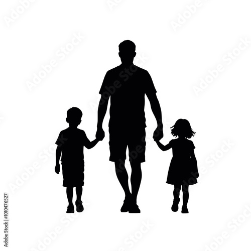 a black silhouette of a father and two children walking together. The father is in the center of the image, holding hands with one child on either side of him