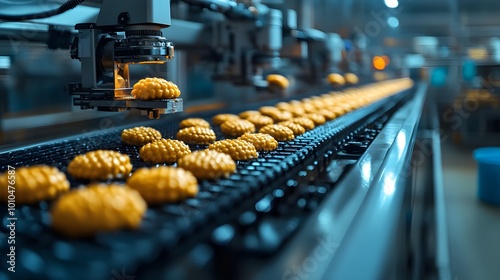 Robots equipped with sensors moving along a food production line, checking for imperfections in real time