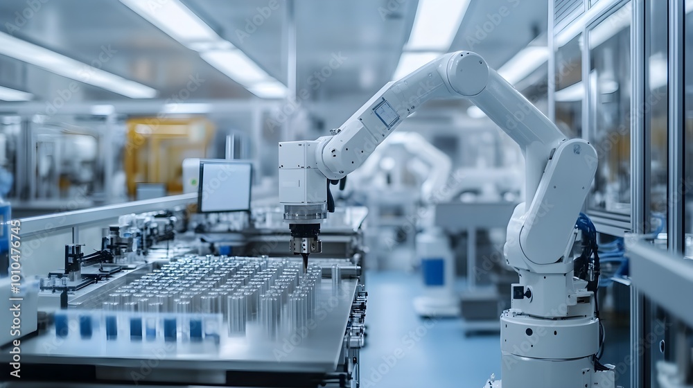 Robotic arms in a modern food processing factory, handling delicate ingredients, ensuring quality control in a spotless, high-tech environment, futuristic clean room Robotic arms in a modern food processing factory, handling delicate ingredients, ensuring quality control in a spotless, high-tech environment, futuristic clean room