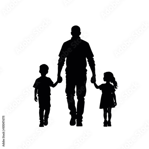 a black silhouette of a father and two children walking together. The father is in the center of the image, holding hands with one child on either side of him