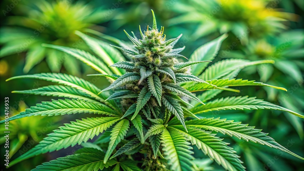 Fototapeta premium Extreme close-up of maturing marijuana plant leaves and flowers