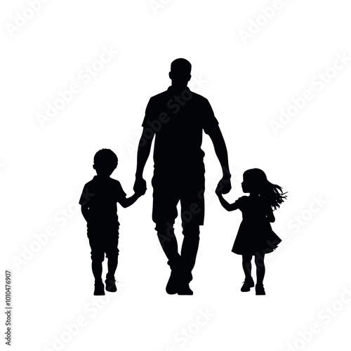 a black silhouette of a father and two children walking together. The father is in the center of the image, holding hands with one child on either side of him