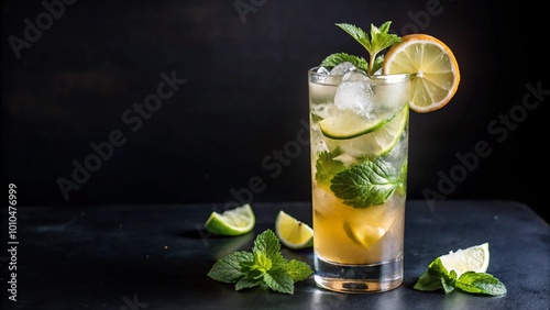 Refreshing iced tea with lime and mint in a tall glass on a black background.