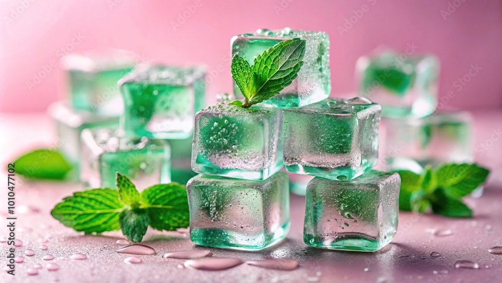 Extreme close-up of melting mint green ice cubes with light pink water drops on a pale pastel background Extreme close-up of melting mint green ice cubes with light pink water drops on a pale pastel background