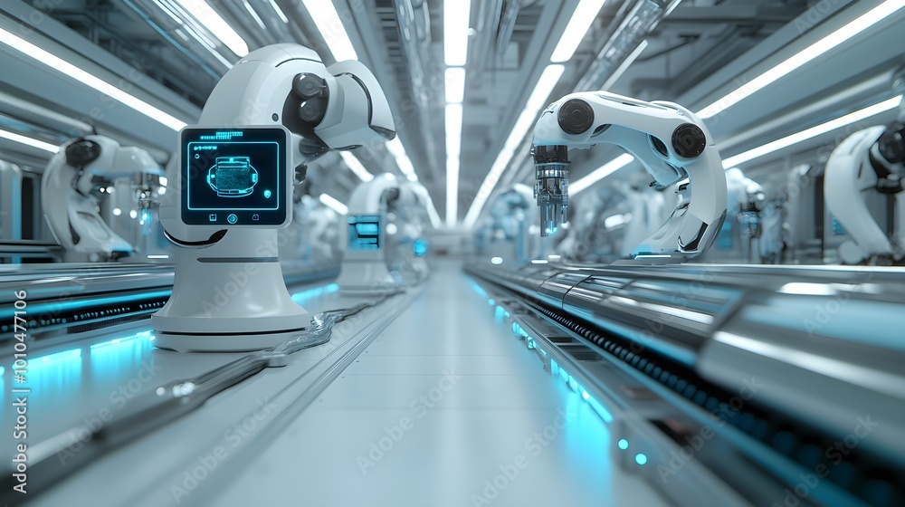 Industrial food production line with robotic arms, AI quality control systems, holographic screens displaying real-time data, cold white lighting, clean futuristic factory, minimalistic design Industrial food production line with robotic arms, AI quality control systems, holographic screens displaying real-time data, cold white lighting, clean futuristic factory, minimalistic design