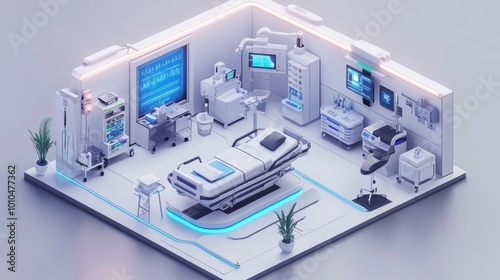 Isometric modern hospital room, high-tech heart monitor, sleek furniture, futuristic medical tools, neon lighting accents, white and blue color palette, 3D model