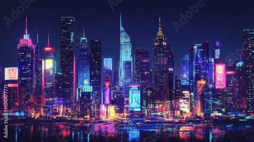 Wallpaper Mural Night cityscape with skyscrapers and neon lights  Torontodigital.ca