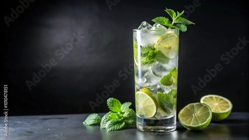Refreshing mojito cocktail with lime, mint and ice in a tall glass.