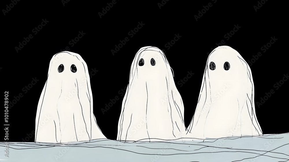 Three playful white ghost figures in a whimsical, minimalistic style. Three playful white ghost figures in a whimsical, minimalistic style.