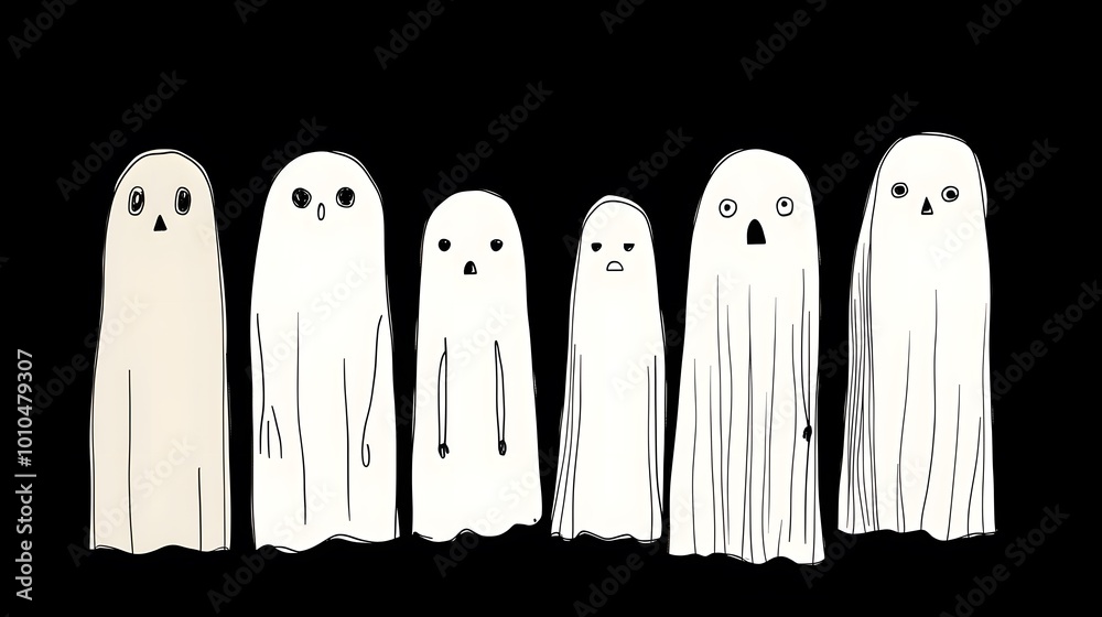 Playful cartoon ghosts on a black background, exuding a fun and whimsical vibe. Playful cartoon ghosts on a black background, exuding a fun and whimsical vibe.