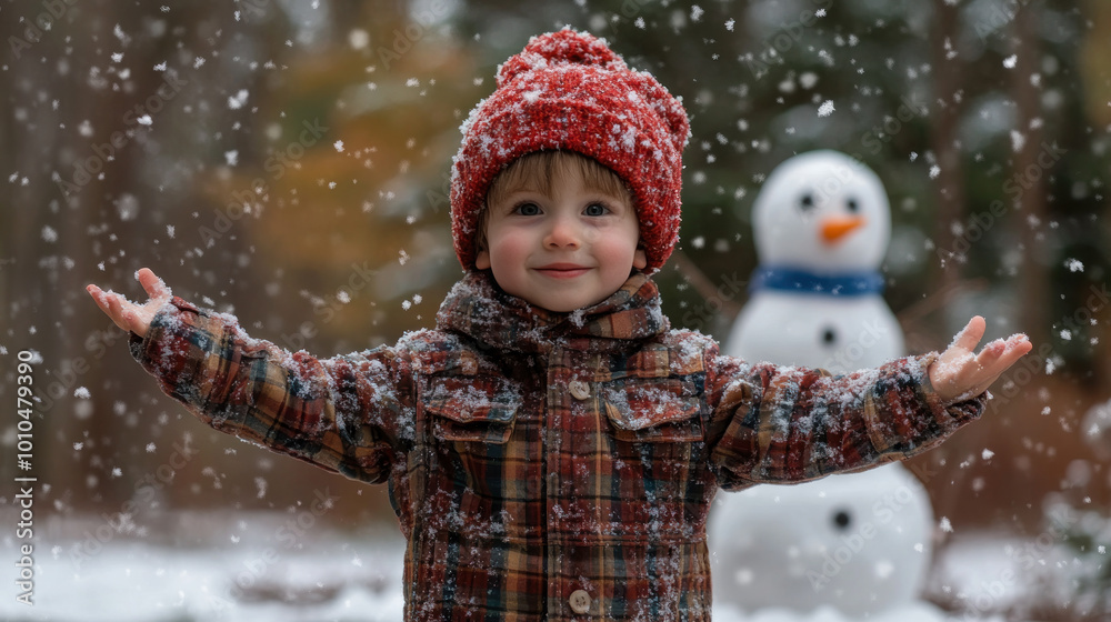 Canadian little boy with arms outstretched playing snow outside Canadian little boy with arms outstretched playing snow outside