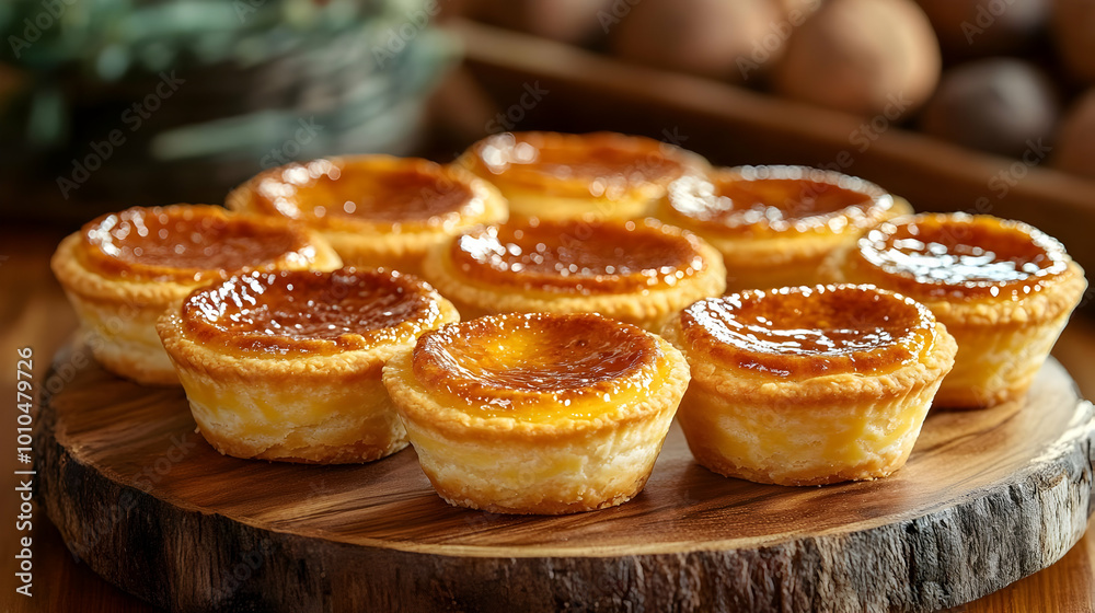 Golden Custard Tarts with Flaky Crusts Arranged on a Wooden Board Golden Custard Tarts with Flaky Crusts Arranged on a Wooden Board