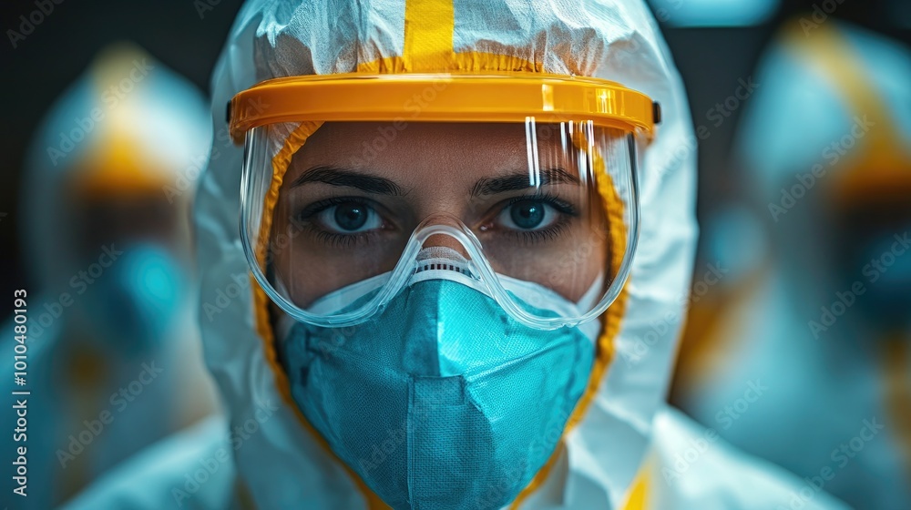 Female doctor wearing protective goggles and mask looking directly at viewer Female doctor wearing protective goggles and mask looking directly at viewer