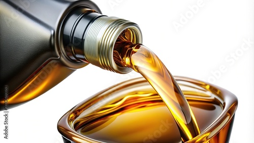 Extreme close-up of pouring motor oil lubricant on white background